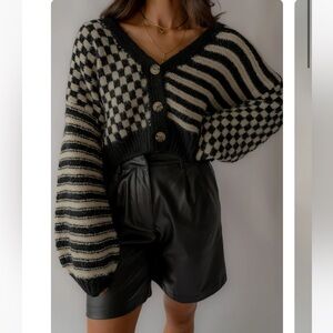 Black and White Striped and Checkered Cardigan